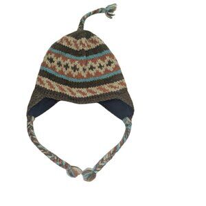 Lakhay 100% Wool Scandi Ear Flap Hat Handcrafted Tibet Olive Tan Turquoise Clay